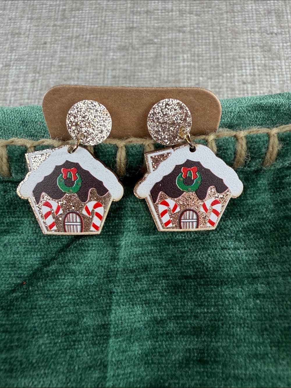 Holiday Gingerbread House Drop Earrings in Gold and White